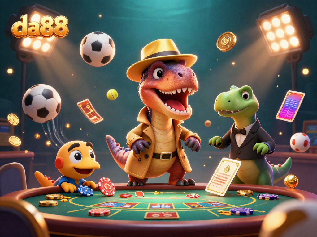 Witness da88's thrilling atmosphere with a cartoon velociraptor and friends at a blackjack table, capturing casino excitement.