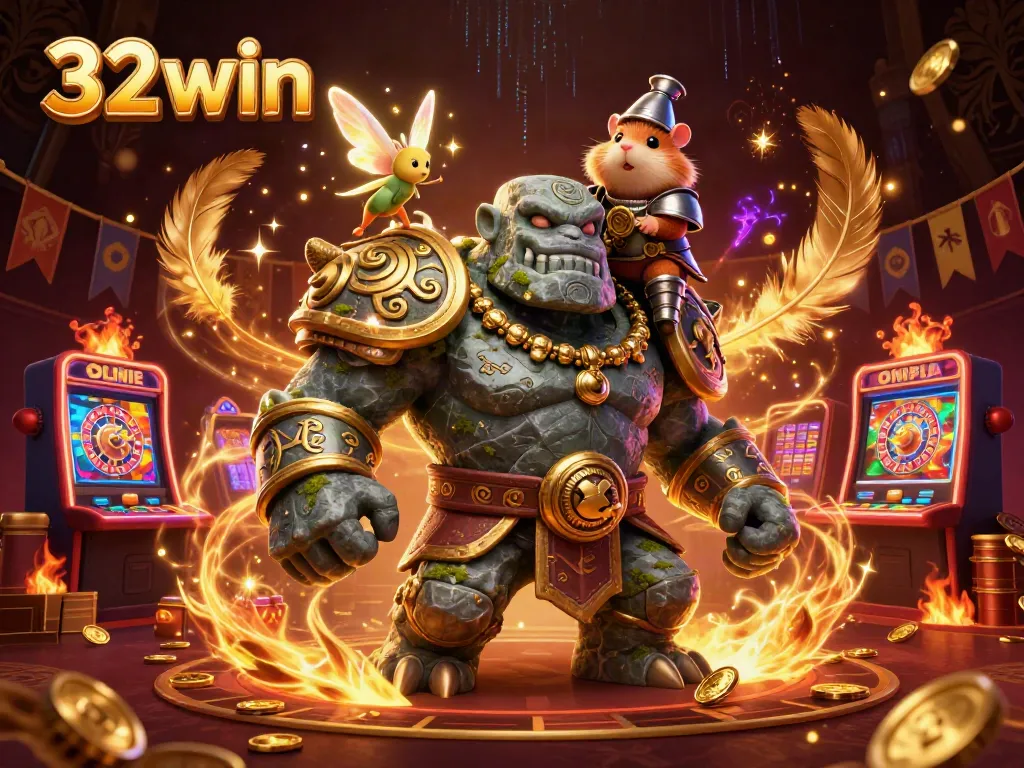 Engage with excitement at 32win Casino featuring a golem, fairy, and hamster knight in a vibrant atmosphere