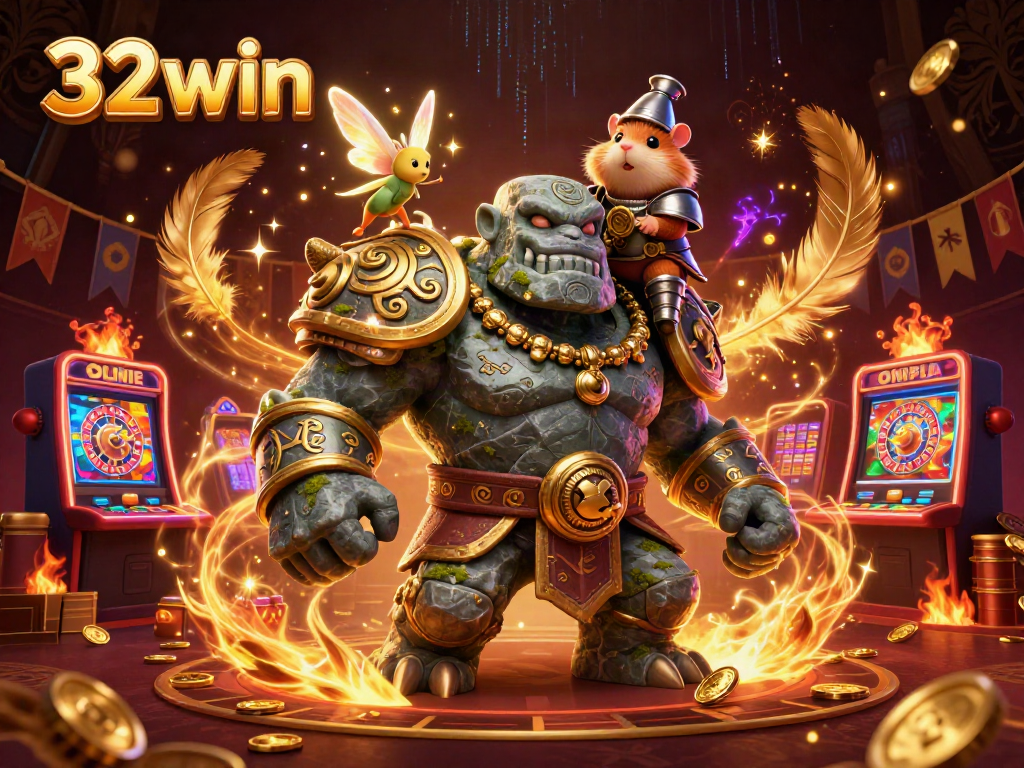 Engage with excitement at 32win Casino featuring a golem, fairy, and hamster knight in a vibrant atmosphere