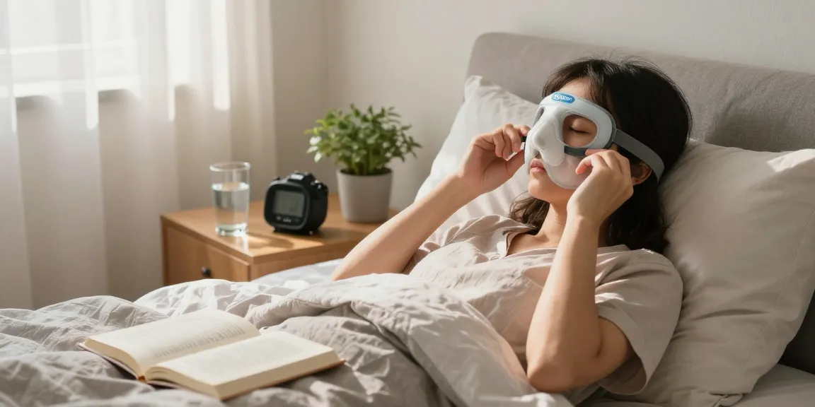 Adjusting CPAP mask before sleep in a serene bedroom setting, promoting cpap mask buy for better sleep health.
