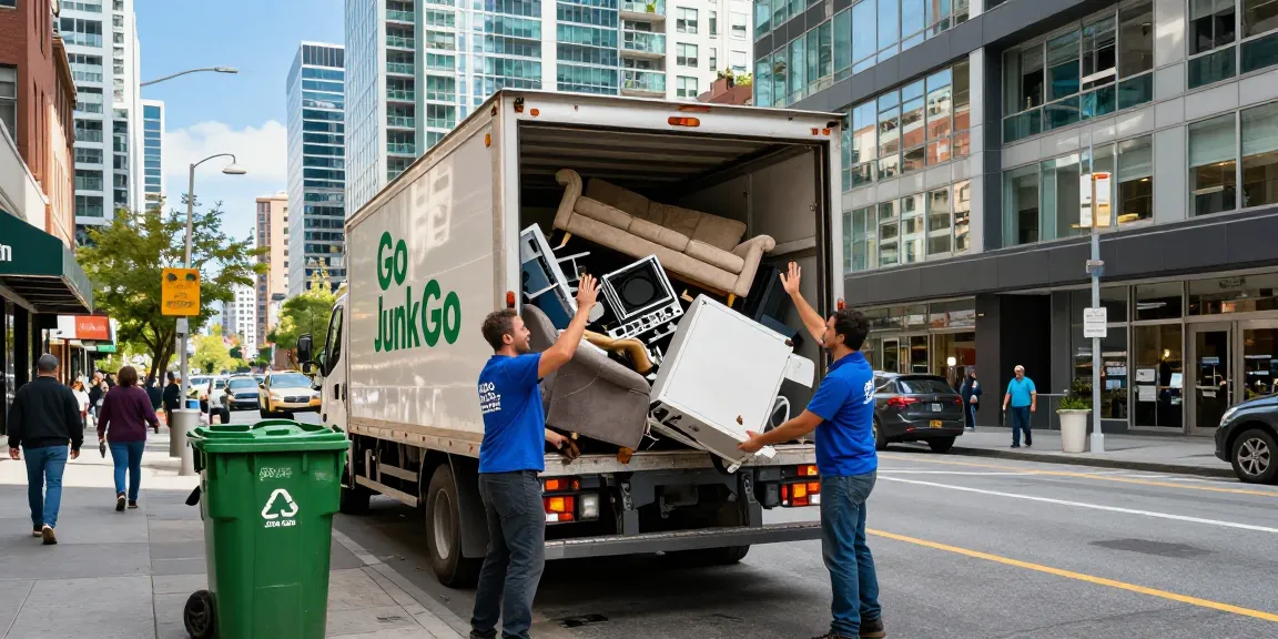 Go Junk Go team performing target Junk Removal Vancouver service on a busy city street.
