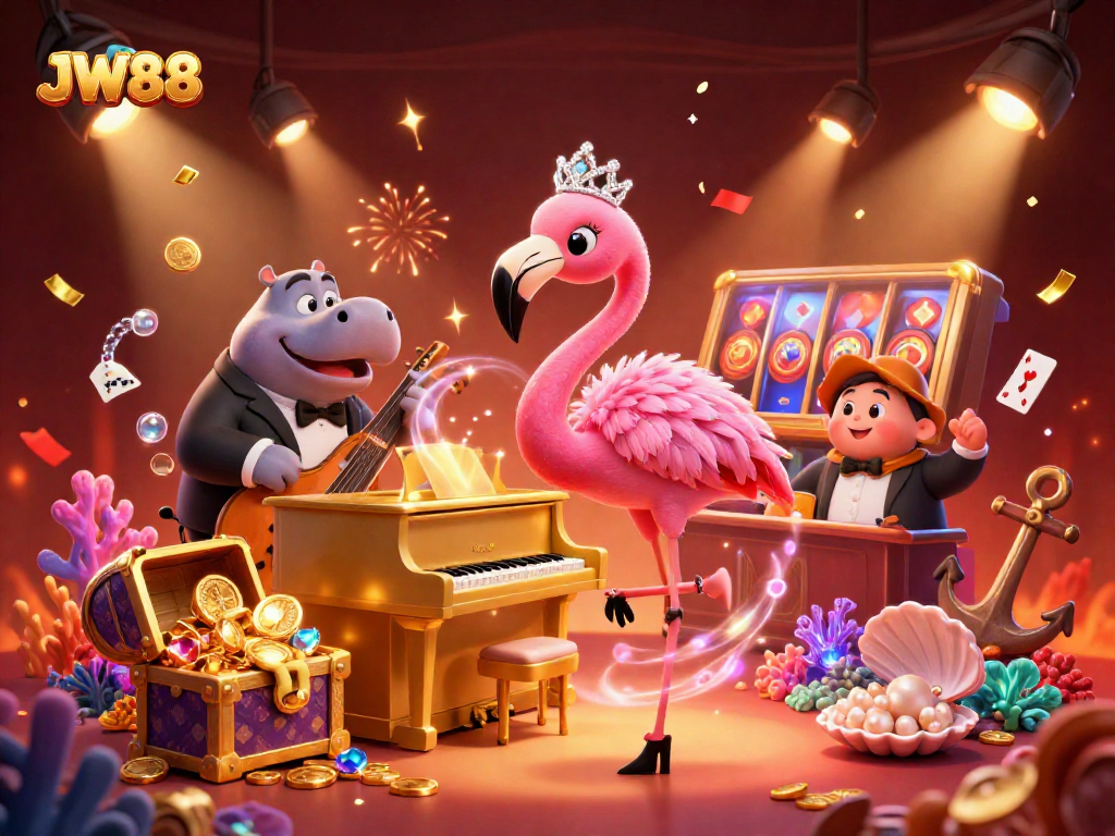 Experience the excitement of JW88 with dynamic casino characters amid vibrant gaming elements.