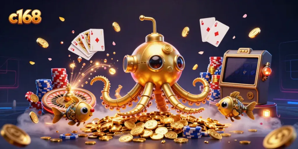 Experience thrilling gaming with c168's golden kraken submarine amidst golden coins and sparkling gems.