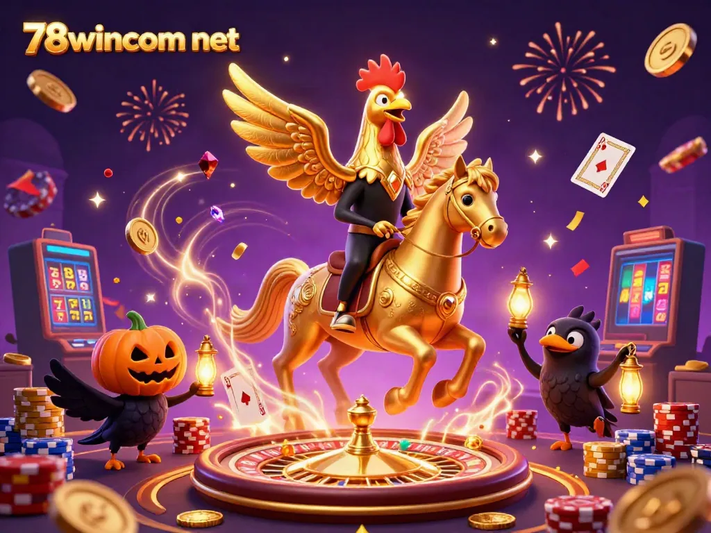 Experience the magical casino atmosphere at 78wincom net with a dynamic 3D illustration featuring golden coins and vibrant characters.