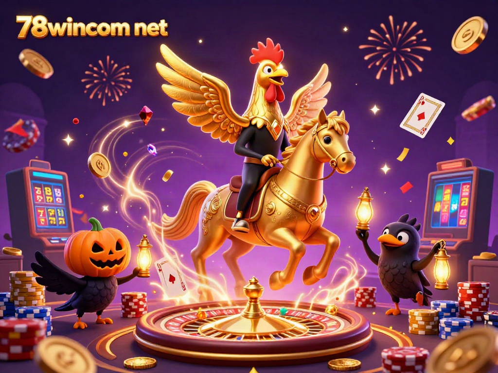 Experience the magical casino atmosphere at 78wincom net with a dynamic 3D illustration featuring golden coins and vibrant characters.