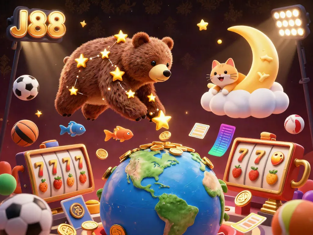 Experience the thrill of J88 as the starry bear scoops up coins amidst dynamic casino elements.