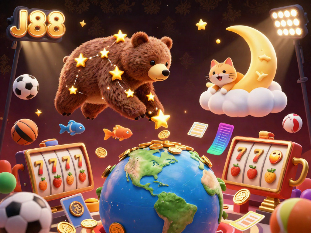 Experience the thrill of J88 as the starry bear scoops up coins amidst dynamic casino elements.