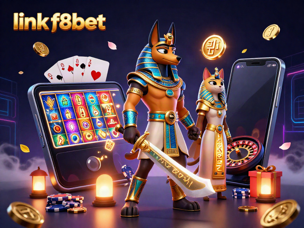 Engage with exciting gaming fun using link f8bet with Anubis and Bastet amidst vibrant casino elements.