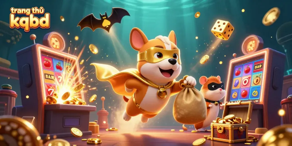 Experience thrilling action on trang chủ kqbd with a superhero dog and vibrant casino elements surrounding him.