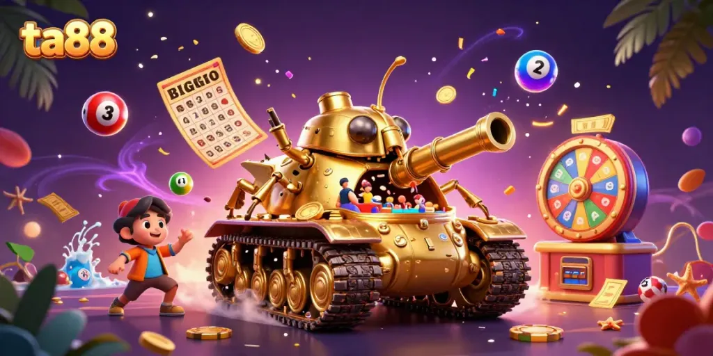 Experience the thrill of ta88 with a vibrant 3D casino scene featuring an animated golden beetle tank.
