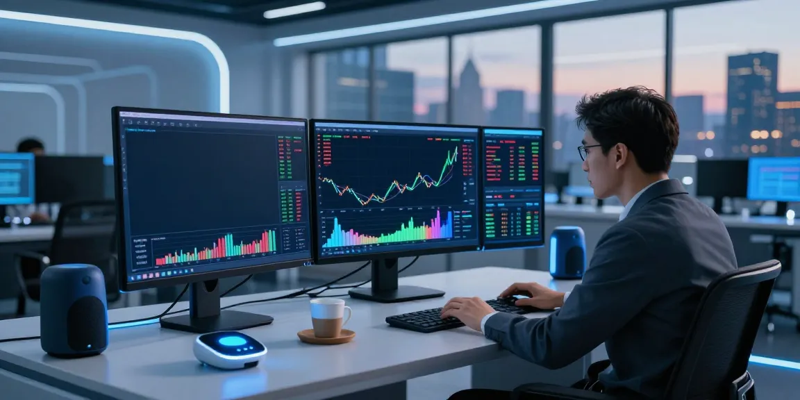 AI-powered trading desk with trader analyzing stock data and algorithms at dusk, illustrating slate capivex technology integration.