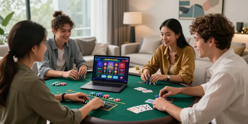 Online gambling experience at https://sky88tg.com/ with friends playing casino games in a cozy living room.