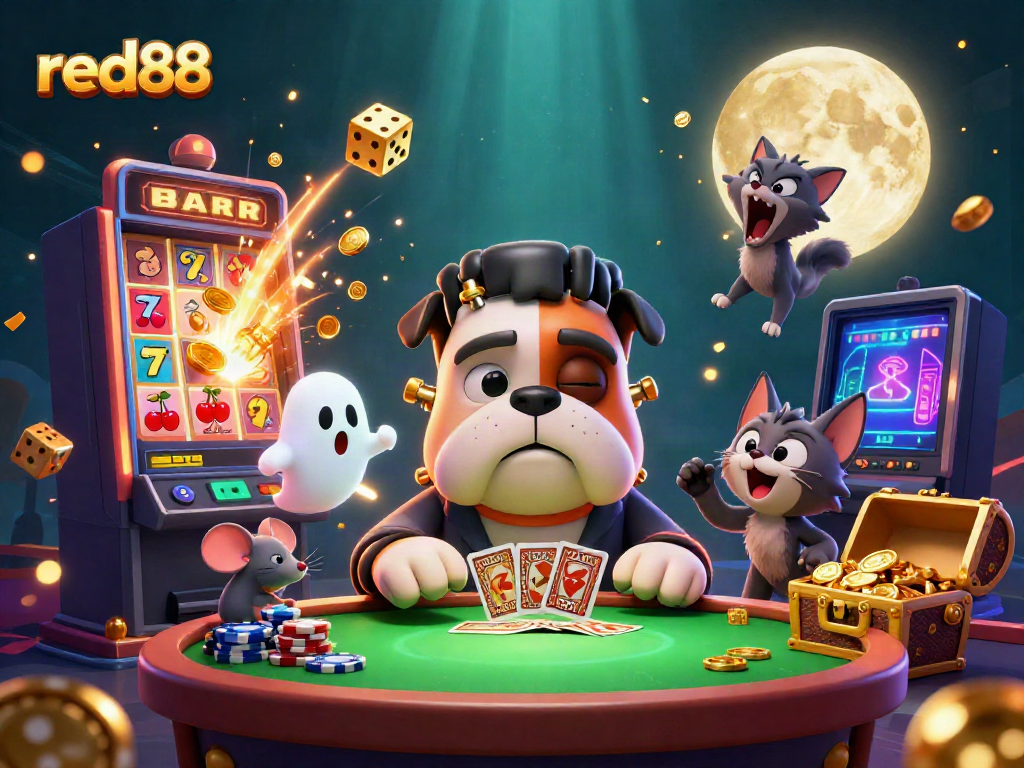 Engage in thrilling action at red88 with a magical casino scene featuring whimsical characters and dynamic gaming elements.
