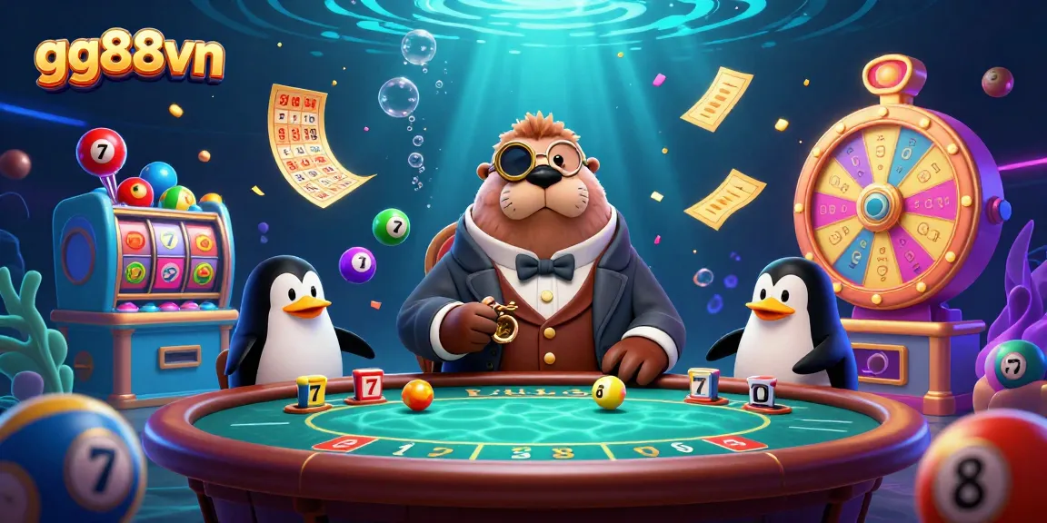 Experience exciting gaming at gg88vn with a jolly walrus playing poker underwater in a vibrant scene.