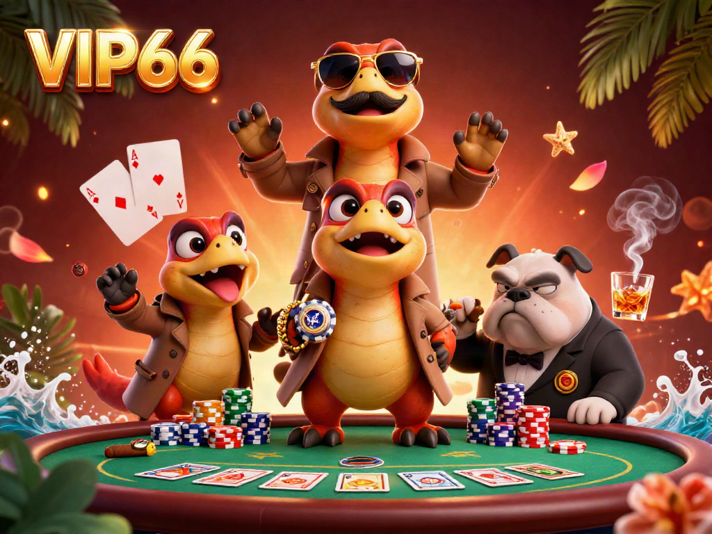 Raptors disguised humorously attempt entry into VIP66 casino while poker elements abound.