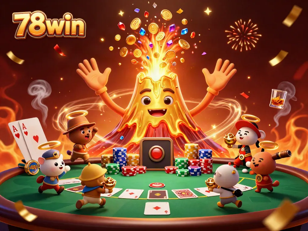 Experience the thrill of 78win as a golden volcano erupts with treasures, surrounded by poker elements.