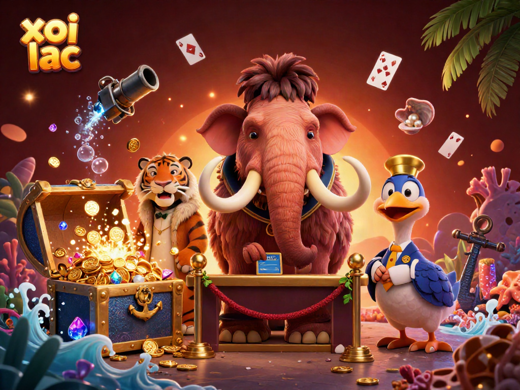 Experience xoi lac gaming with vibrant characters and dynamic casino elements in this rich illustration.