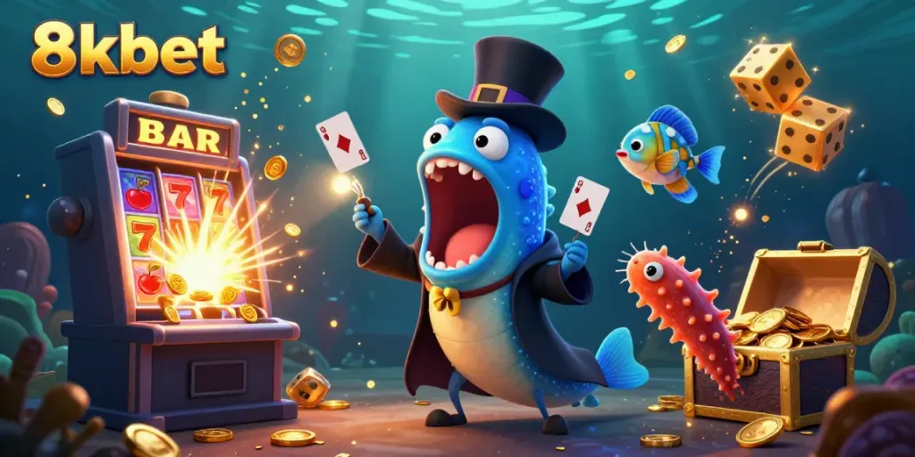 8xbet's thrilling online casino experience illustrated with vibrant underwater characters performing magic tricks amidst a jackpot explosion.