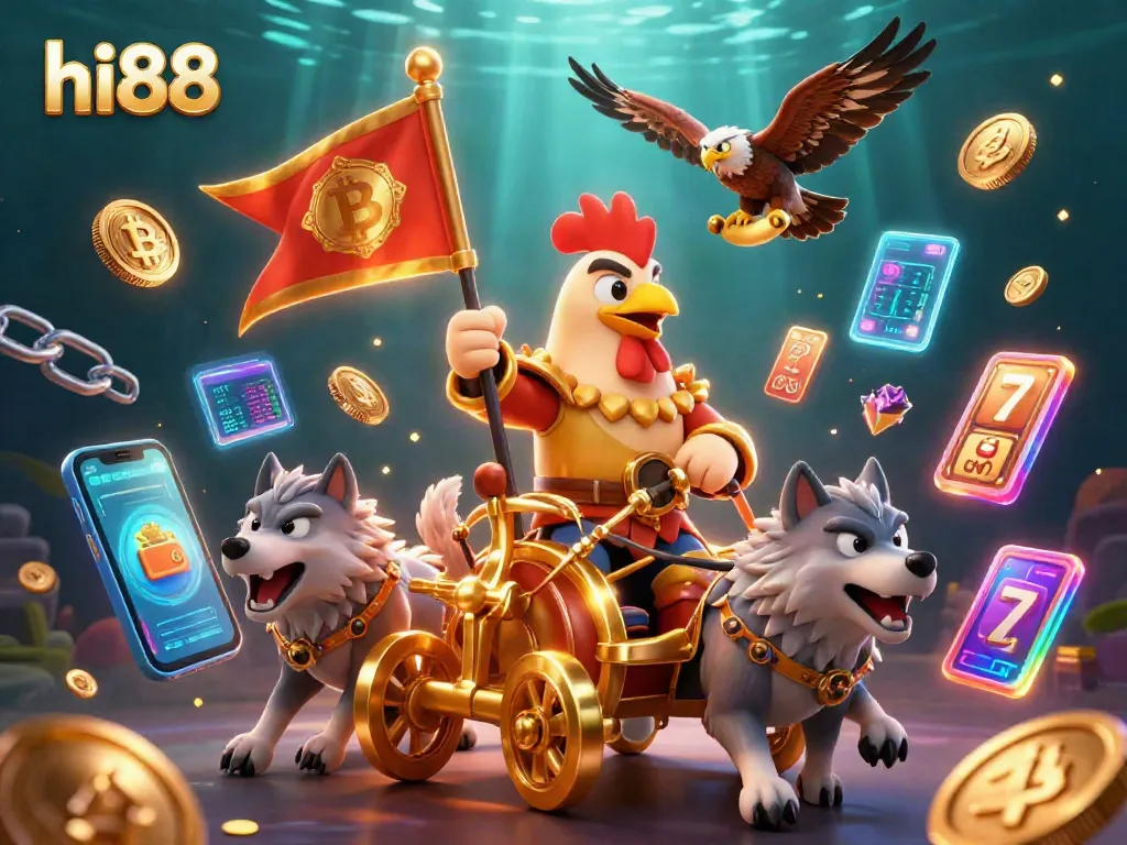 Experience thrilling gameplay with hi88 as a rooster warlord leads a golden chariot in a vibrant casino scene.