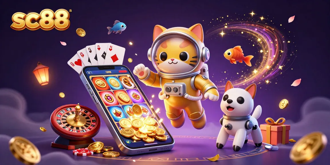 Experience sc88 with an astronaut cat, robot dog, and slot game in a vibrant casino space scene.