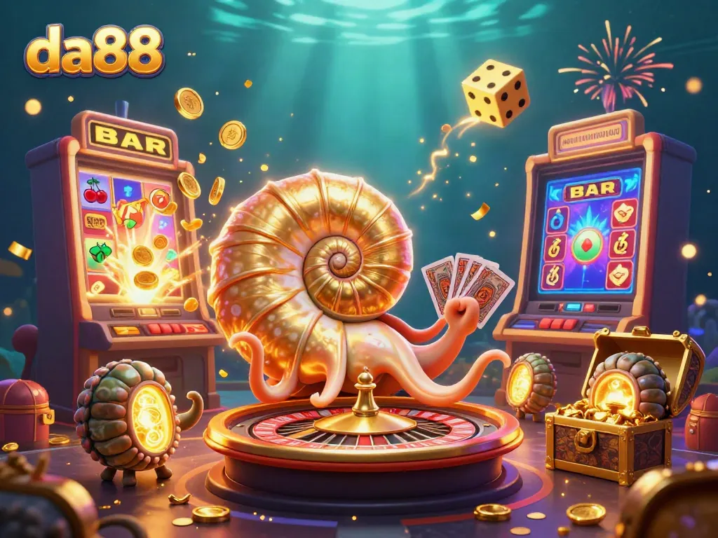 Experience thrilling gameplay in da88 with a giant nautilus dealer, vibrant slot machines, and golden treasures!