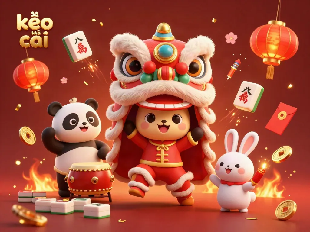 Experience dynamic concept of kèo nhà cái with animated Chinese New Year characters and festive casino elements.