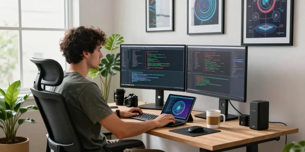 Developer using generative AI tools in a modern tech workspace, with dual monitors and a vibrant atmosphere.