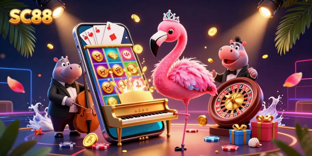 Experience the excitement of SC88 with vibrant casino elements and lively characters in this 3D illustration.