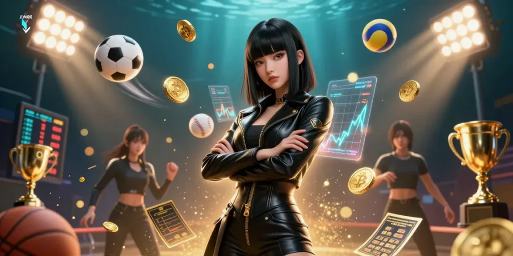 Experience thrilling gameplay at JUN88 with dynamic sports elements and glowing neon crypto graphics.