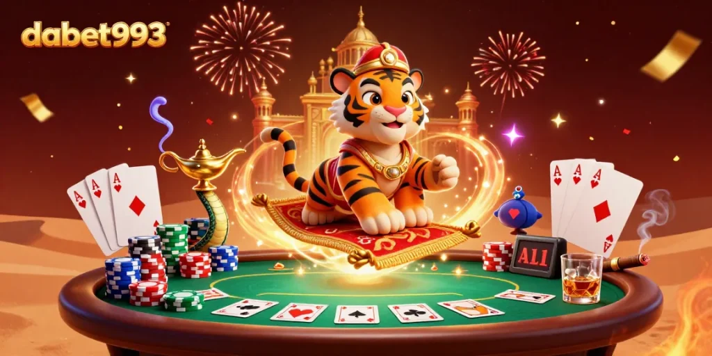 Dabet993 invites players to enjoy vibrant online gaming with a magical tiger sultan, casino elements, and fireworks.