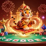 Dabet993 invites players to enjoy vibrant online gaming with a magical tiger sultan, casino elements, and fireworks.
