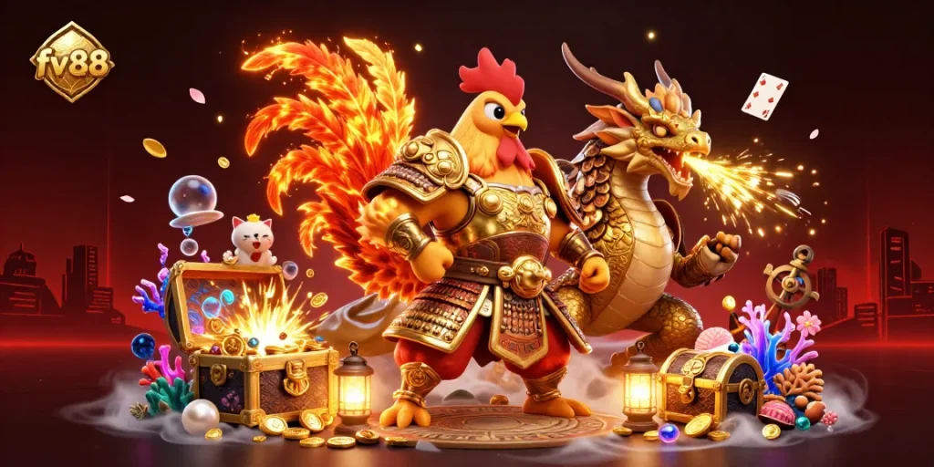 Engage with the vibrant action at fv88, showcasing a fighting rooster warrior and dragon in a dynamic casino scene.