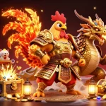 Engage with the vibrant action at fv88, showcasing a fighting rooster warrior and dragon in a dynamic casino scene.