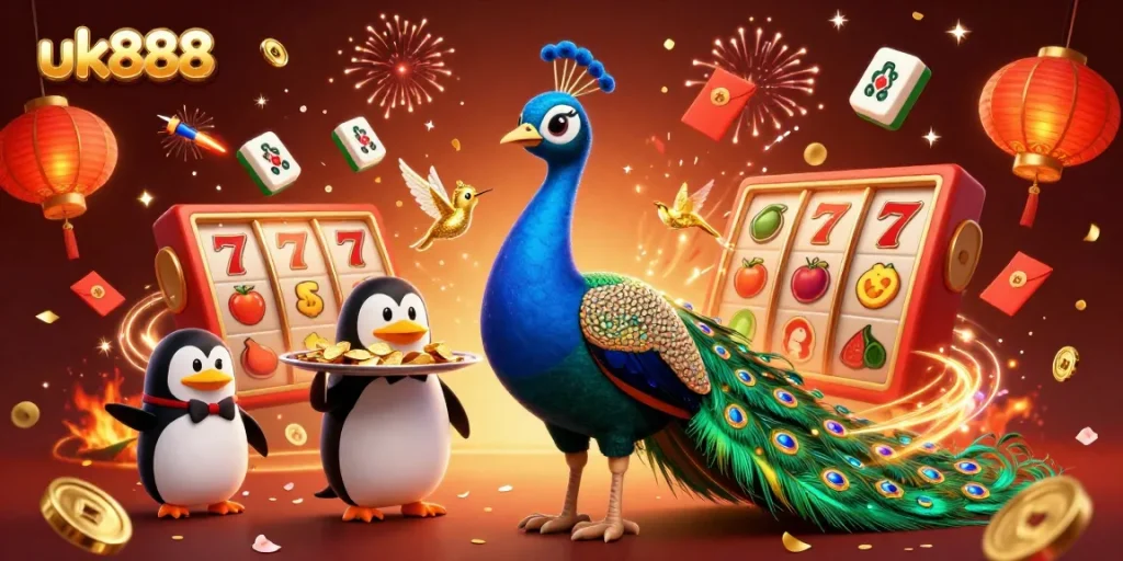 Experience thrilling slots gameplay with uk888, featuring majestic characters and vibrant casino elements.