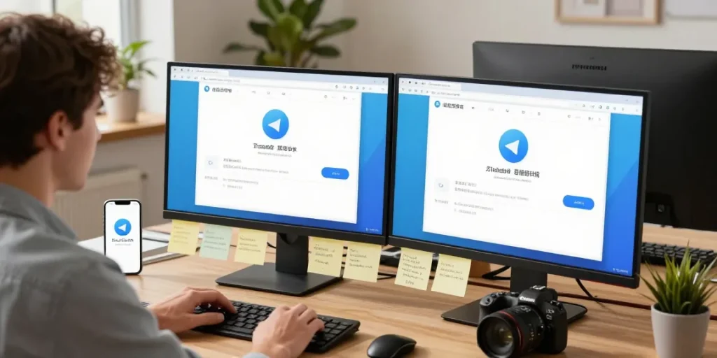 Configuring Telegram Chinese language settings on a desktop in a modern office