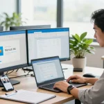 Microsoft 365 Support Markham with IT technician assisting client in modern office, displaying productive teamwork.
