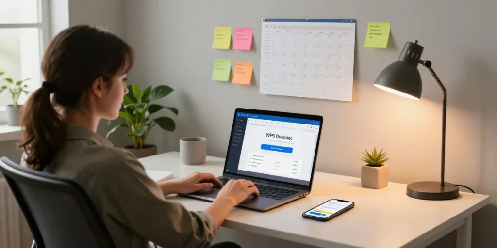Effortlessly download WPS Office tools in a cozy home office setting, featuring a modern workspace with a laptop, productivity apps, and natural light.
