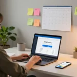 Effortlessly download WPS Office tools in a cozy home office setting, featuring a modern workspace with a laptop, productivity apps, and natural light.
