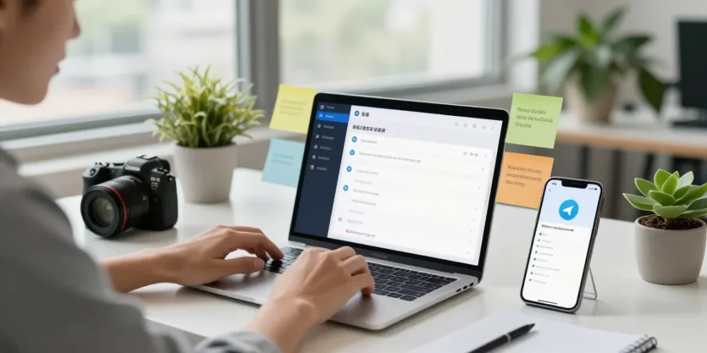 Setting up Telegram中文 interface on a laptop in modern workspace with tech accessories.