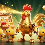 Experience the excitement of cm88 with vibrant golden rooster robots and jackpot slots lighting up the scene.