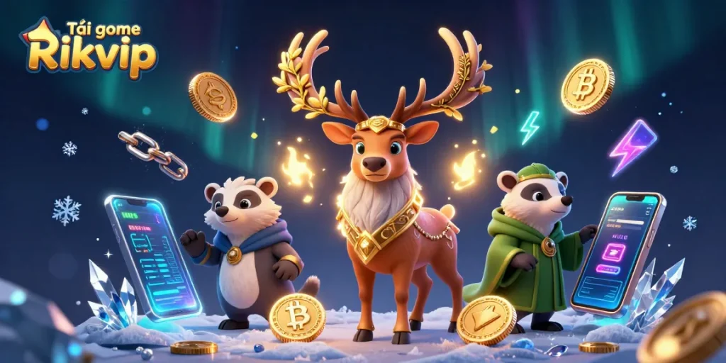 Tải game Rikvip amidst vibrant 3D characters and crypto elements, showcasing gaming excitement and rewards.