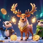 Tải game Rikvip amidst vibrant 3D characters and crypto elements, showcasing gaming excitement and rewards.