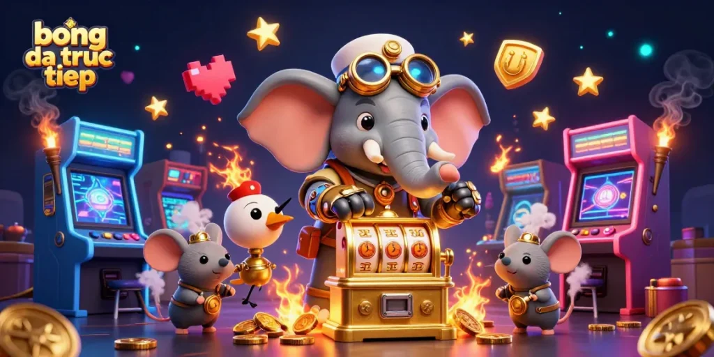 Experience thrilling action with a steampunk-inspired 'bong da truc tiep' scene, showcasing dynamic characters and vivid casino elements.
