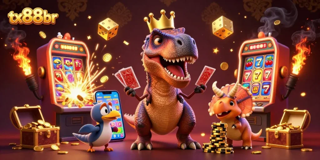 Experience thrilling gameplay at tx88br with friendly cartoon dinosaurs amid a vibrant casino scene.