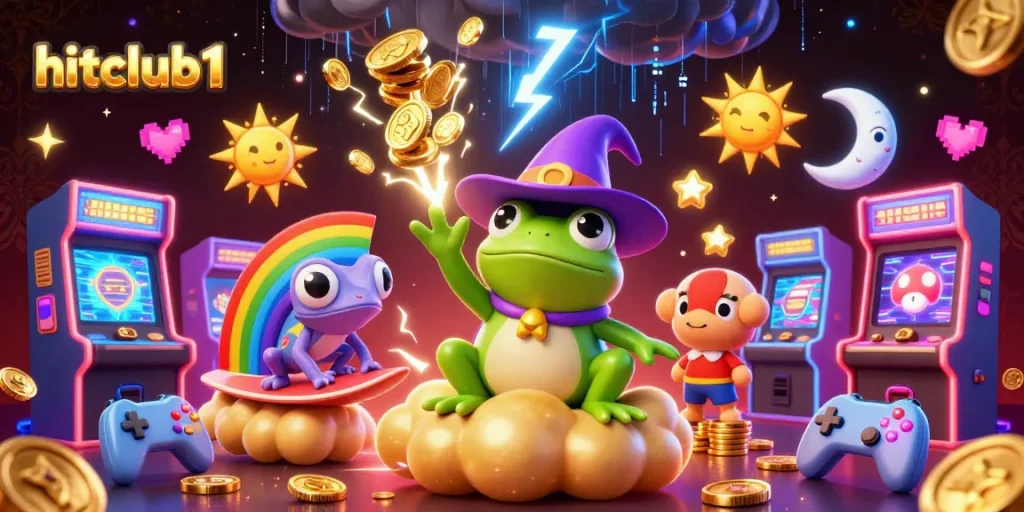 Experience the thrill of hitclub1 with vibrant casino-themed characters and gold coins bursting in action.