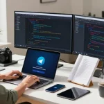 Professional tech workspace during Telegram download with multiple monitors and gadgets