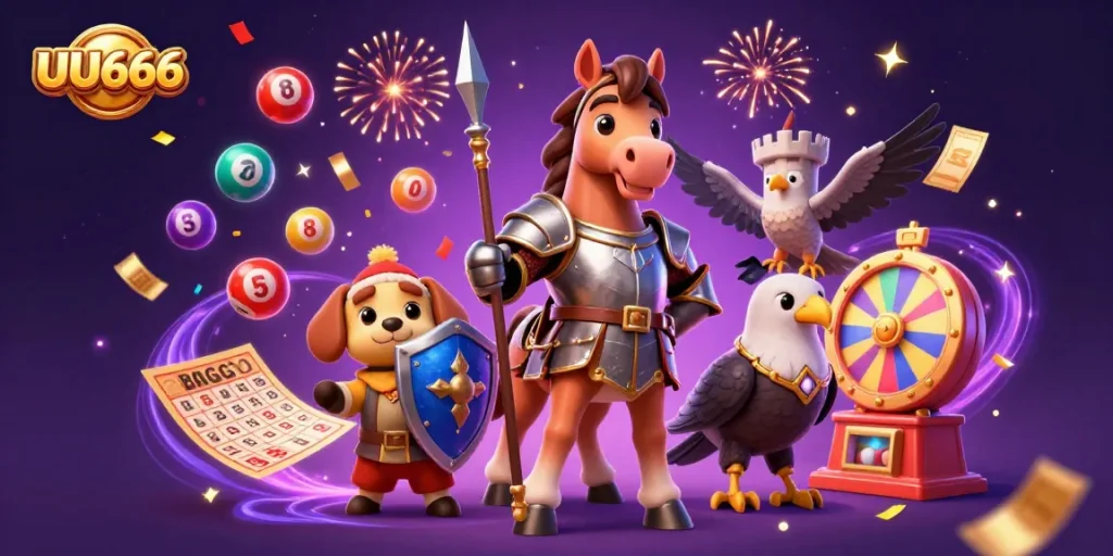 Experience vibrant excitement at UU666 with colorful lottery elements and engaging characters.
