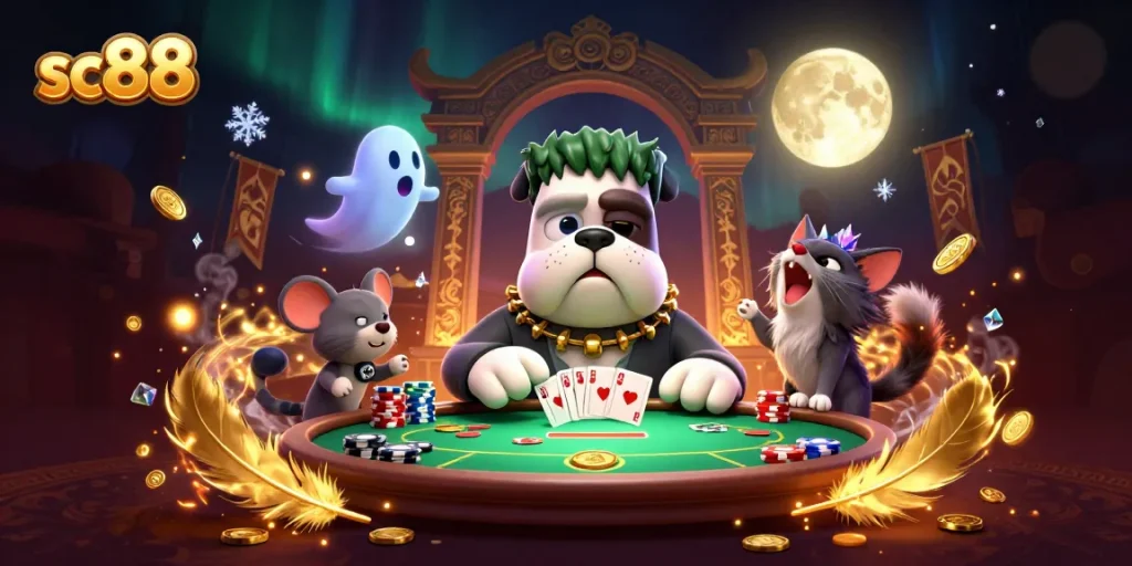 Experience sc88's thrilling card games with unique characters at a lively casino table.