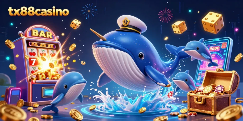Experience excitement at tx88casino with a playful whale, narwhal, and dolphins amidst vibrant gaming elements.