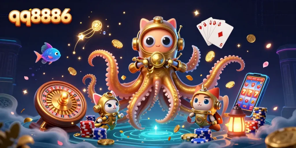Experience thrilling wins with qq8886 in a vibrant casino scene featuring a colossal kraken.